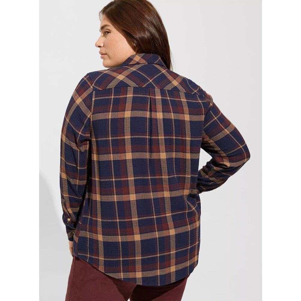 Torrid Lizzie Crinkle Flannel Gauze Button Up Tunic Navy Plaid Plus Size 3 3X - Picture 9 of 13